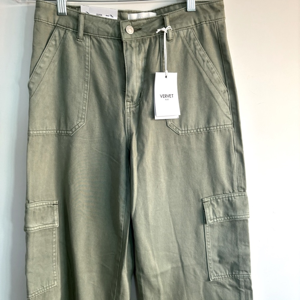 NEW Vervet Olivia Green 100% Cotton Wide-Leg Pants